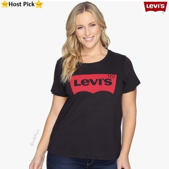 Levi's Tops - ⛔️SOLD⛔️ LEVI'S Short Sleeve Crew Neck T-Shirt Black w/ Red Batwing Logo Size XL